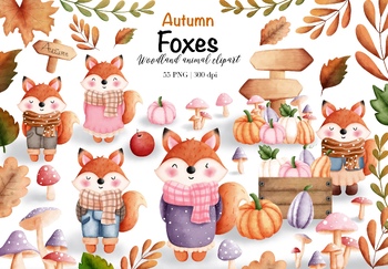 Preview of Watercolor Autumn Foxes Clipart Collection.