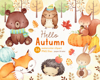 Preview of Watercolor Autumn Woodland Clipart, Fall Forest Baby Animal PNG