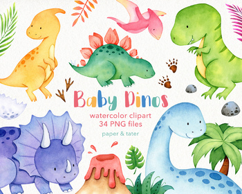 Preview of Watercolor Baby Dinosaur Clipart Graphics, Dino Clip Art