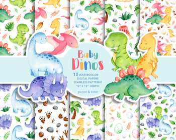 Preview of Watercolor Baby Dinosaurs Digital Papers, Dino Printable Seamless Pattern