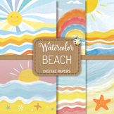 Watercolor Beach - Sunny Seascape Backdrop Digital Paper Scenes