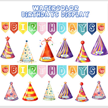 Preview of Watercolor Birthday Display - Classroom Decor - Editable - 4K