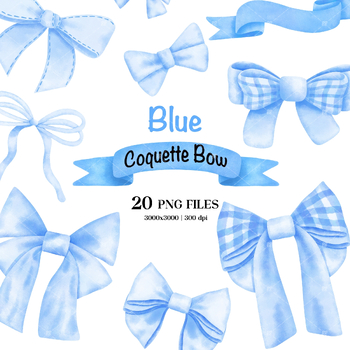 Preview of Watercolor Blue Coquette Ribbon Bows and Banners Clipart.