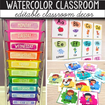 Preview of Watercolor Boho Rainbow Class Classroom Decor Library Labels Editable Bundles