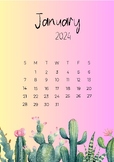 Watercolor Cactus Calendar 2024, Printable Wall Calendar, 