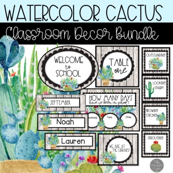 Preview of Watercolor Cactus EDITABLE Classroom Decor  BUNDLE