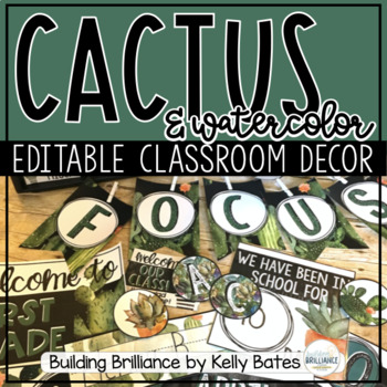 Preview of Watercolor Cactus Complete Classroom Decor Set (EDITABLE!)