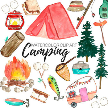 Preview of Watercolor Camping Clipart Set - Personal and Commercial Use
