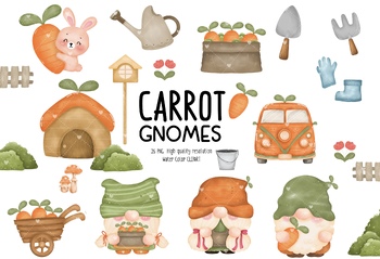 Preview of Watercolor Carrot Gnomes Clipart, Rabbit Clipart, Instant Digital Download,