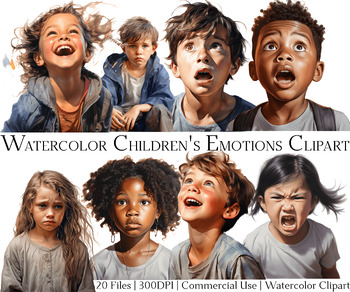 Preview of Watercolor Children's Emotions Clipart Set of 20 Files