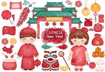 Preview of Watercolor Chinese New Year Clipart, Chinese Clipart, Instant Digital Download,