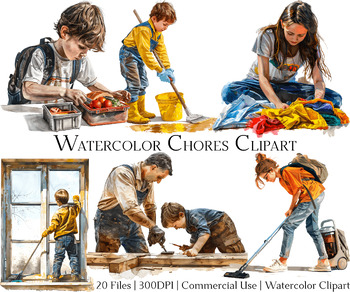 Preview of Watercolor Chores Clipart Set of 20 Files