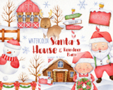 Watercolor Christmas Santa's House Clipart, Mrs. Claus, Re