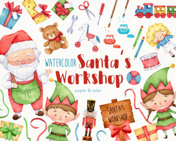 Preview of Watercolor Christmas Santa's Workshop Clipart, Christmas Elf PNG