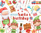 Watercolor Christmas Santa's Workshop Clipart, Christmas Elf PNG