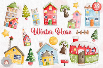 Preview of Watercolor Christmas Winter House Clipart | Winter House Bundle