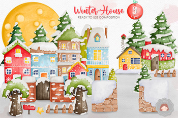 Preview of Watercolor Christmas Winter House Clipart | Winter House Bundle Ready to use