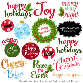 Download Watercolor Christmas Word Art Overlays Clip Art Holiday Digital Set