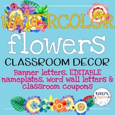 Watercolor Classroom Decor: Blue Theme Banner, Nameplates,