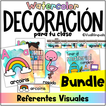 Preview of Decoración para la clase | Watercolor Classroom Decor Bundle in Spanish