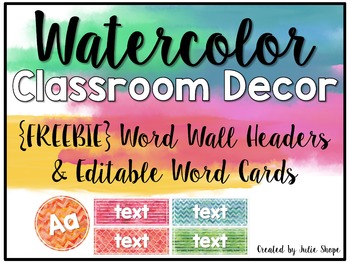 Preview of Watercolor Classroom Decor {FREE Word Wall Headers & Editable Word Cards}