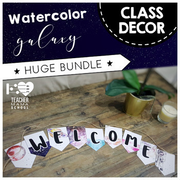 Preview of Watercolor Classroom Decor FULL Bundle - Galaxy Space Theme