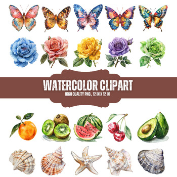 Preview of Watercolor Clipart Bundle , Transparent PNGs , Digital Stickers