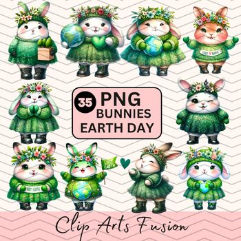 Preview of Watercolor Cute Bunnies Earthday Clipart Set[Commercial Use Allowed]