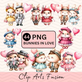 Preview of Watercolor Cute Bunnies In Love Clipart Set[Commercial Use Allowed]