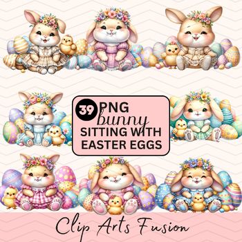 Preview of Watercolor Cute Bunny Sitting With Colorful Eggs[Commercial Use Allowed]