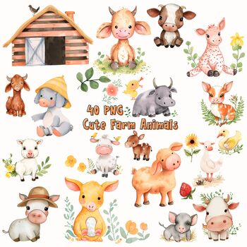 Watercolor Cute Farm Animals Clipart, Farmland Water Color PNG (40 PNG)