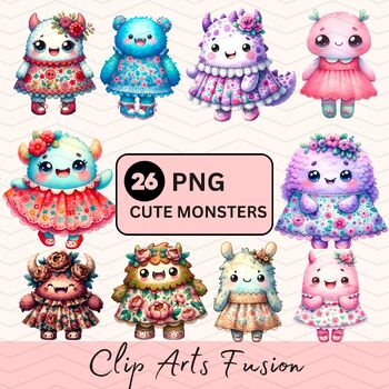 Preview of Watercolor Cute Monsters Clipart Set [Commercial Use Allowed]