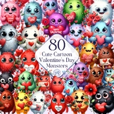 Watercolor Cute Valentine Monsters Clipart Bundle - 80 PNG