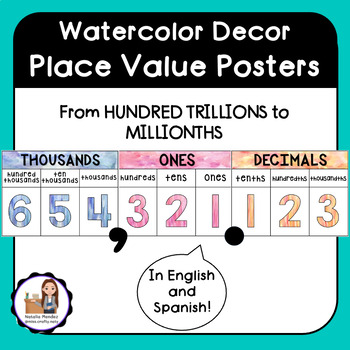 Preview of Watercolor Decor - Place Value Posters (ENGLISH & SPANISH)