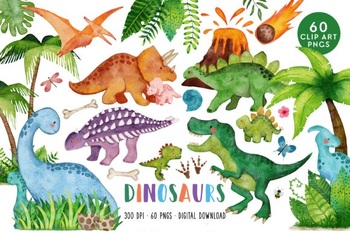 Preview of Watercolor Dinosaur Clip Art Pack