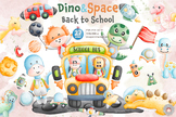 Watercolor Dinosaur Kids Student in Space, Back to School,