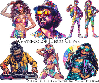 Preview of Watercolor Disco Clipart Set of 20 Files