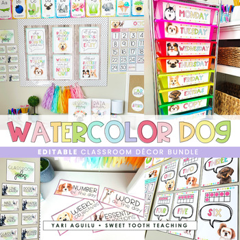 Preview of Watercolor Dogs Classroom Decor Pack | Pastel Classroom Theme | EDITABLE