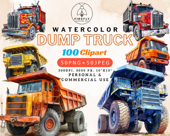 Preview of Watercolor Dump Truck Clipart, 100 Designs (50 PNG + 50 JPEG), 300 DPI, 10"x10"