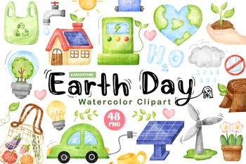 Preview of Watercolor Earth Day Clipart, save world, ecology, protect environment