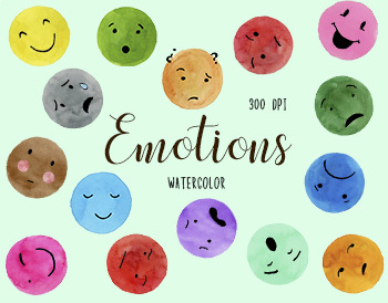 Preview of Watercolor Emotions Clipart, Emojis Clipart, Faces Clipart, Stickers Clipart