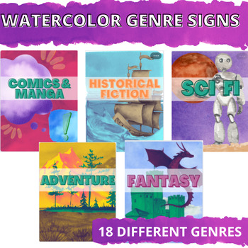 Preview of Watercolor Fiction Genre Signs for School Library and Classroom Books