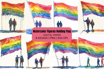 Preview of Watercolor Figures Holding Flag Digital Paper Background