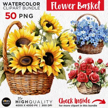 Preview of Watercolor Floral Basket Clipart Bundle, 50 Spring Summer Flower PNG Files