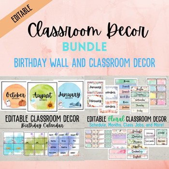 Preview of Watercolor Floral Classroom Decor Bundle - Birthday Wall Shape of the Day Labels