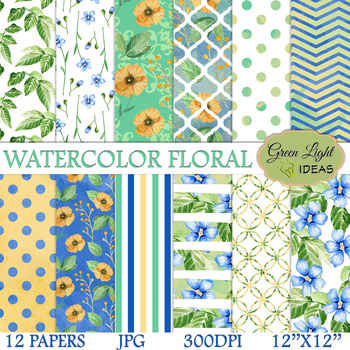 Watercolor Floral Digital Papers / Floral Backgrounds / Watercolor Flowers