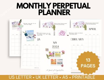 Preview of Watercolor Flowers Month Printable Calendar, Perpetual Calendar