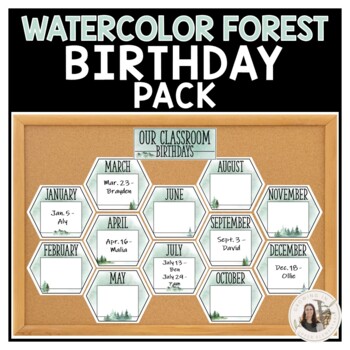 Preview of Watercolor Forest Themed Classroom Birthday Pack Display