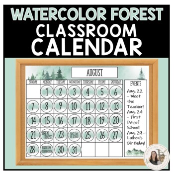 Preview of Watercolor Forest Themed Classroom Calendar Display Class Decor