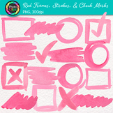 Watercolor Frames, Strokes, & Check Mark Clipart: 16 Red C